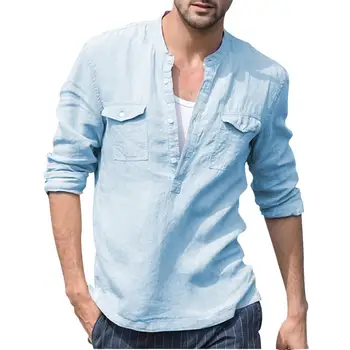 

2020 New Men's Loose Cotton Linen Pocket Solid Color Long Sleeve V-Neck Retro T-Shirt Top