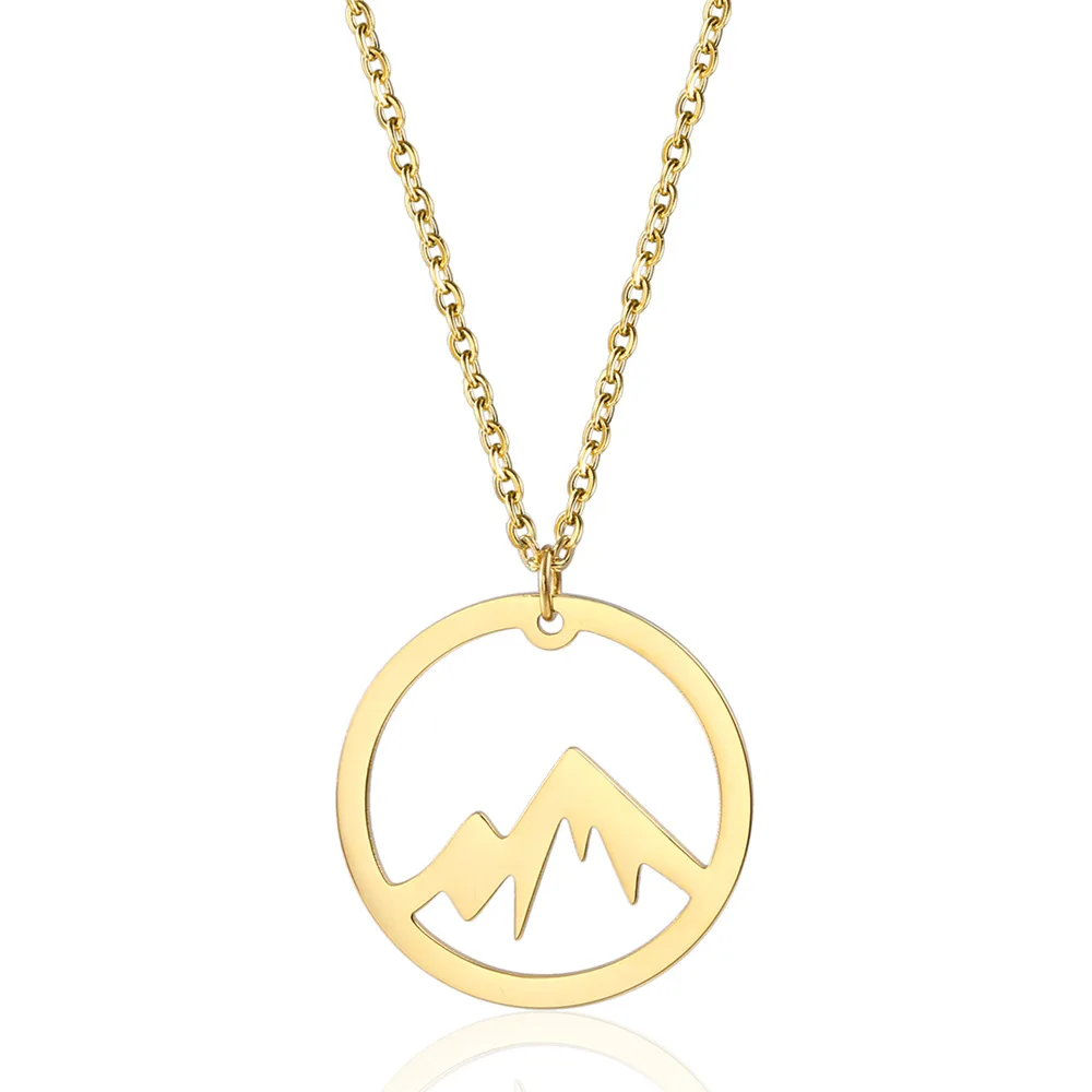 

Foreign Trade Circle Simple Hollow out Snow Mountain Necklace Titanium Steel Small Peaks 18K Gold Plated INS Gold Coin Mountain