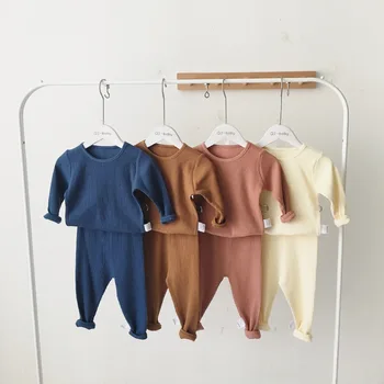 

Autumn Baby Toddlers Pajamas Clothing Sets Tops Pants 2pcs Korean Style Rib Cotton Unisex Infants Outfits Kids Sleepwear Suits