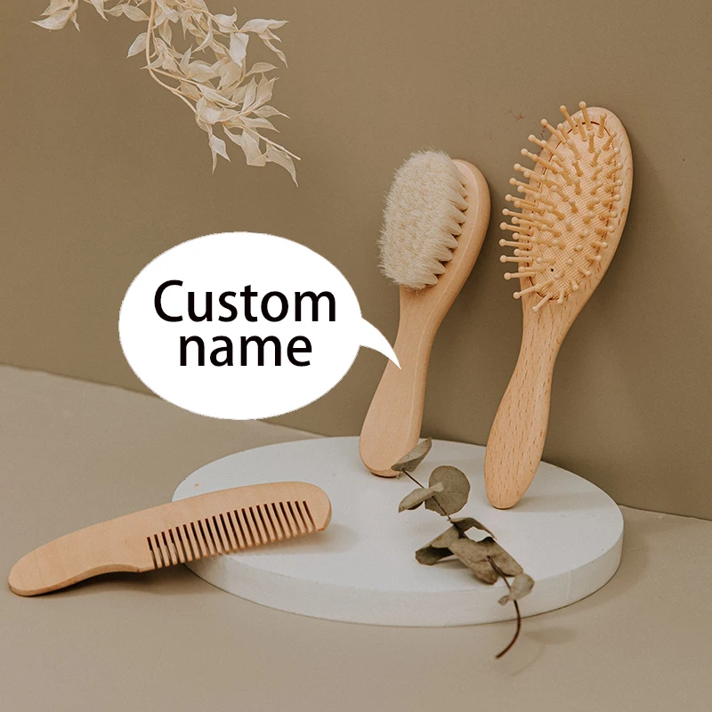 Juego de cepillo de pelo personalizado para bebés, cabezal de lana suave para ducha, peine de madera Natural para masaje de cabeza de recién nacido, 1 Juego