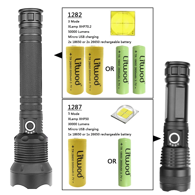 Litwod Z90+ 1282 50000lm Мощный тактический светодиодный фонарь, светильник CREE XHP70.2 18650 26650, фонарь с перезаряжаемой батареей