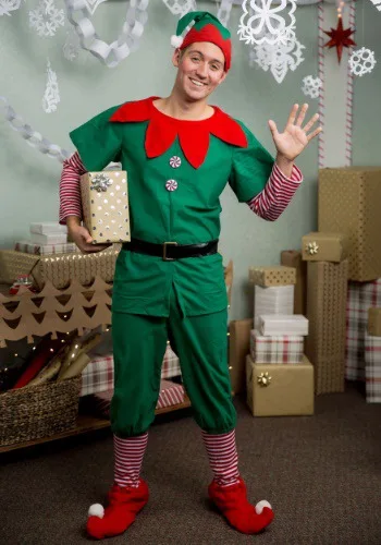 Kids Adult Christmas Green Elf Costume Family Christmas Party Elf Cosplay Fancy Dress - Цвет: Men