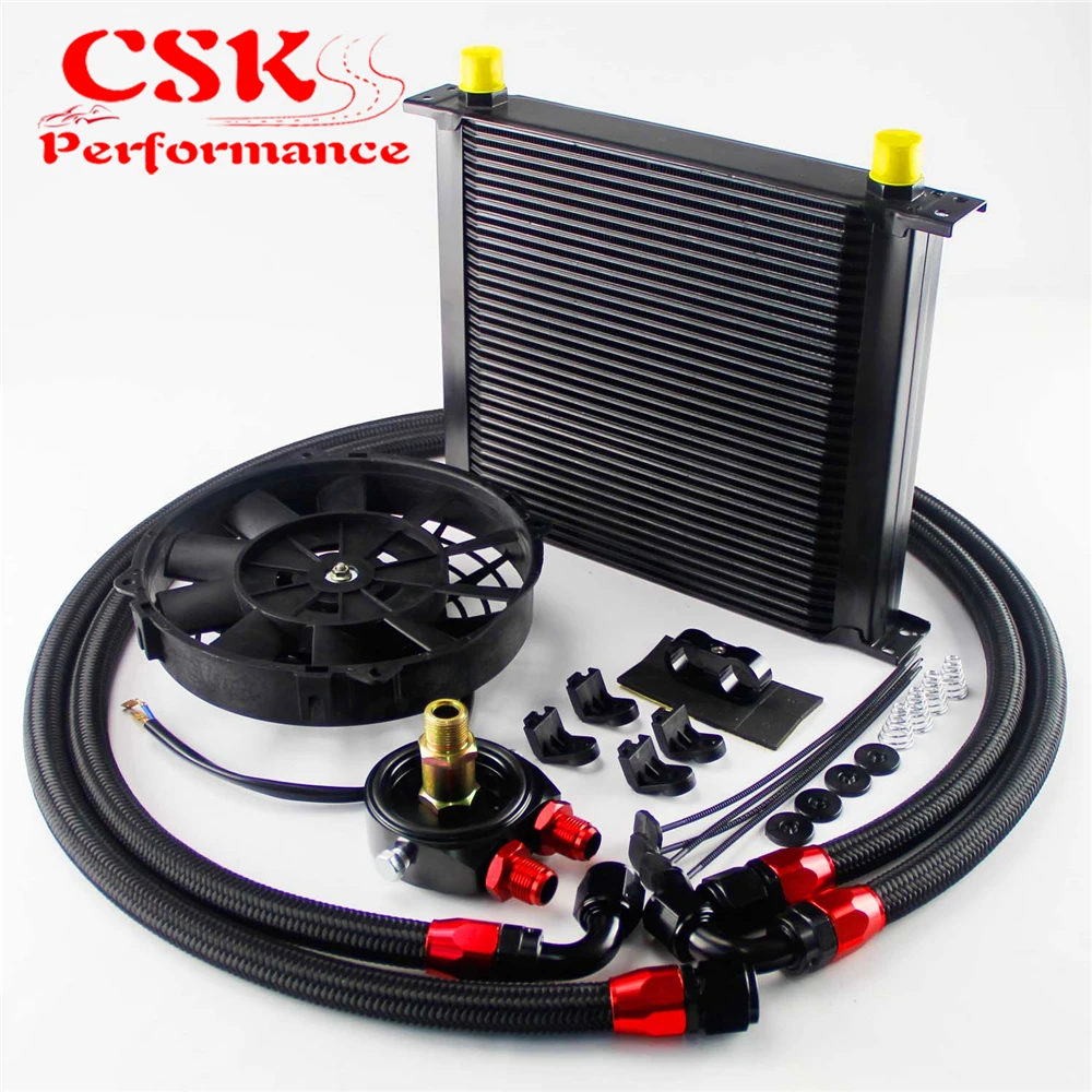 ^*Best Offers AN10 Universal 34 Row ENGINE Oil Cooler + FILTER ADAPTER +7\ Electric Fan Kit BK