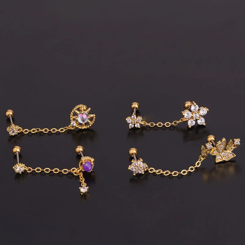 1PC New Desgin Copper 20G Tassel Earrings Helix Piercing Tragus Piercing Flower Zircon Gem Ear Stud Piercing Body Jewelry Women - Image 2