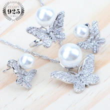 925 стерлингового серебра белый жемчуг комплекты украшений для женщин Свадебные ювелирные изделия кольца свадебный костюм циркон серьги и ожерелье набор