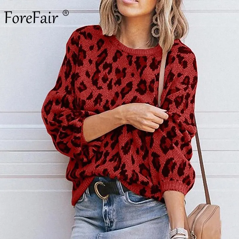 Cena Forefair Casual sweter lampart Women Winter Plus rozmiar latarnia rękaw O Neck luźny żółty szeroki sweter sweter z dzianiny