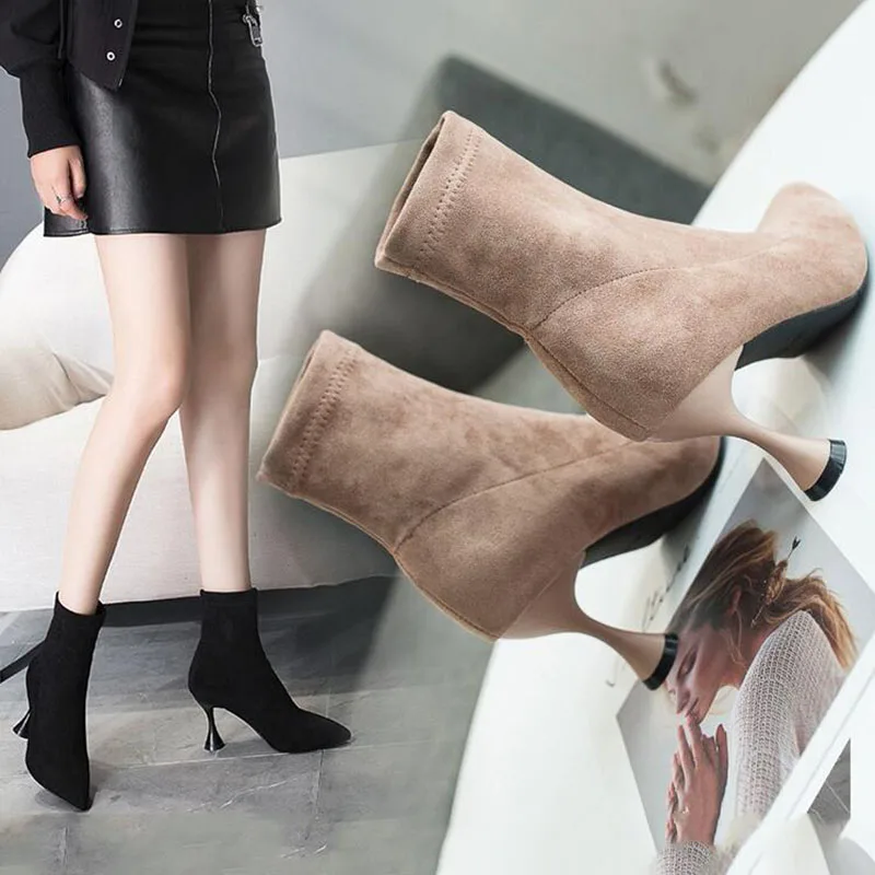

Winter Boots Ankle Boots Women Shoes Woman Boots Fashion High-heeled Pointed Boots Booties 2019 Winter New Short Fur Warm Boots