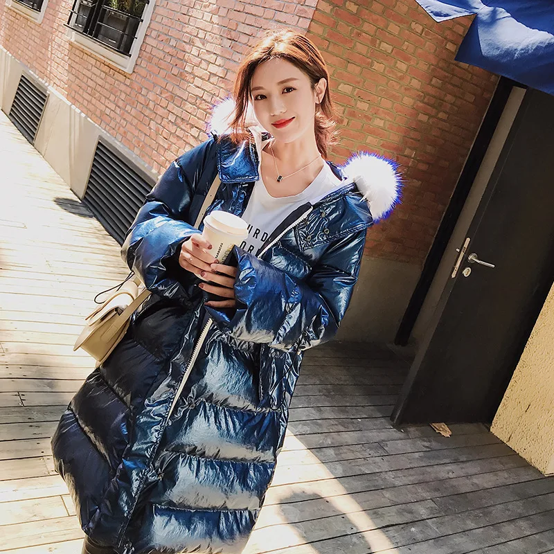 

New Style 2019 Western Style Bright Surface Mid-length down Jacket Fashion Couple Clothes Coat Thick White Duck down Loose Style