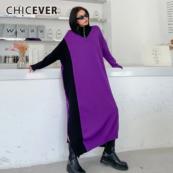 

CHICEVER Hit Color Patchwork Dress For Women Stand Collar Long Sleeve Casual Loose Asymmetrical Hem Knitted Dresses Female Style