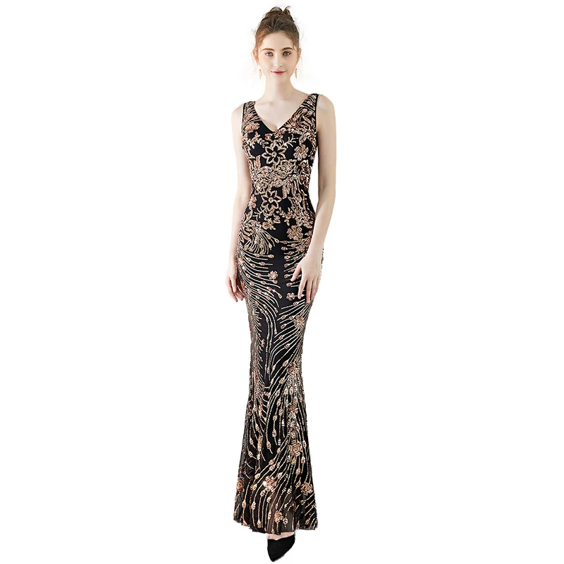 

Evening Dress V Neck Mermaid Dress Occasion Special African Evening Gowns Applique Gold Lace Black Formal Dress Women Elegant