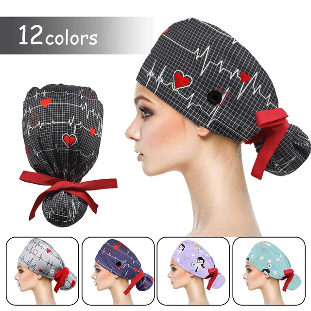 Adjustable Pet Shop Scrub Cap With Buttons Bouffant Hat With Sweatband Beauty Work Cap Nursing Cap For Women Long Hair Nurse Hat