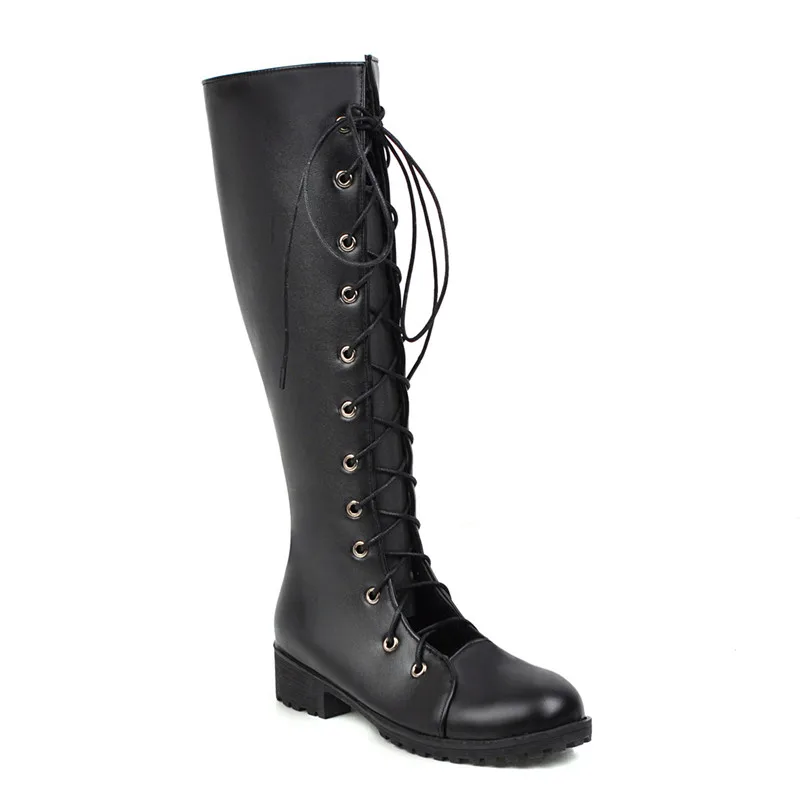 Черный ASUMER/Новинка года; сапоги до колена; женская повседневная обувь на низком каблуке со шнуровкой; удобные уникальные женские сапоги в западном стиле с круглым носком - Цвет: Черный