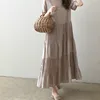 Women Summer Round Collar Cascading Ruffle Loose Straight Long Dress Cotton Linen Short Sleeve Midi Sundress Solid Color ► Photo 2/5