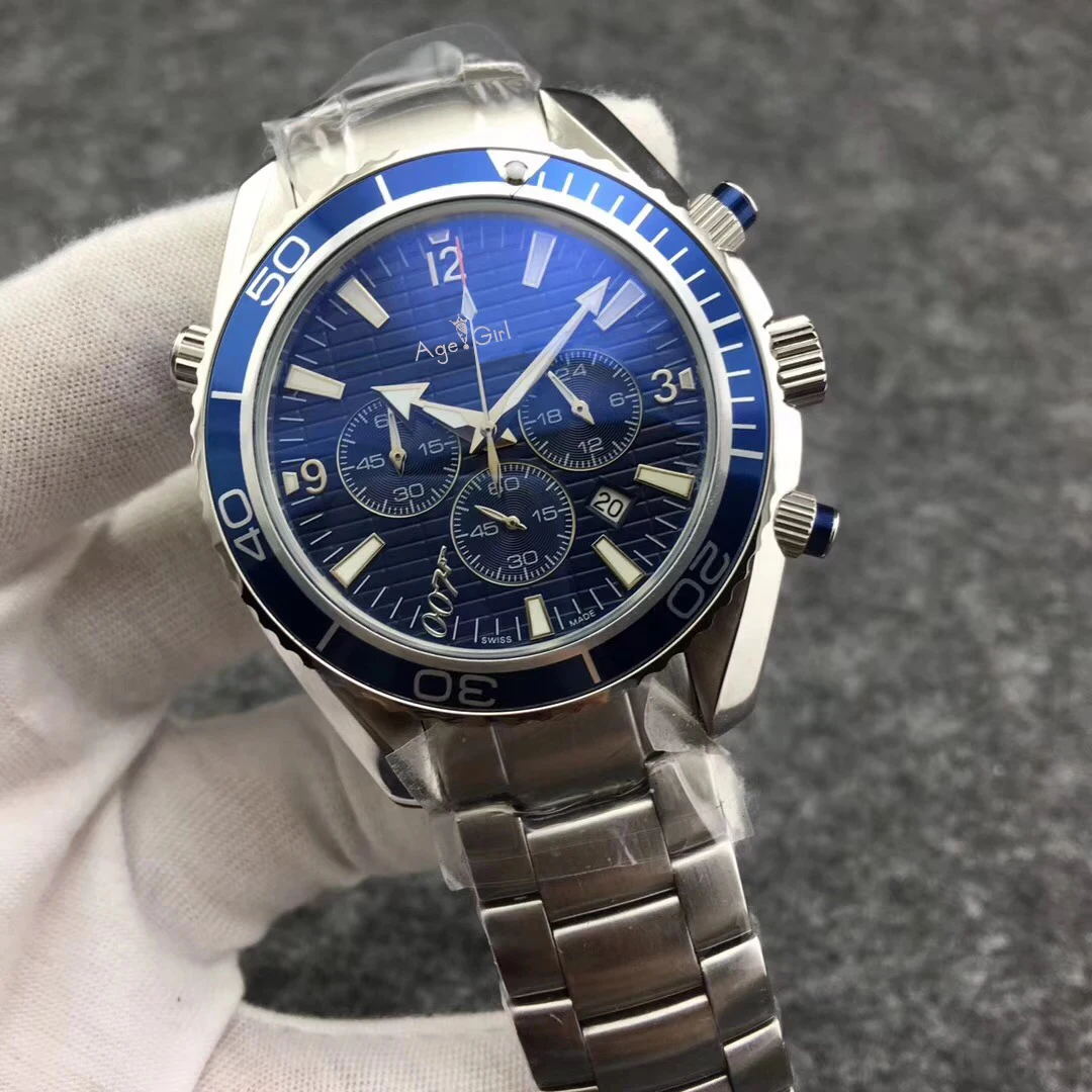 

Luxury Brand New Quartz Dive Chronograph 007 Blue Men Watch Professional Stainless Steel Sapphire Glass Watches Leather AAA+