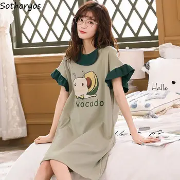 

Nightgowns Women Ruffles Cartoon Printed Kawaii Korean Style Loose Plus Size 3XL Students Fashion Short Sleeves Soft Breathable