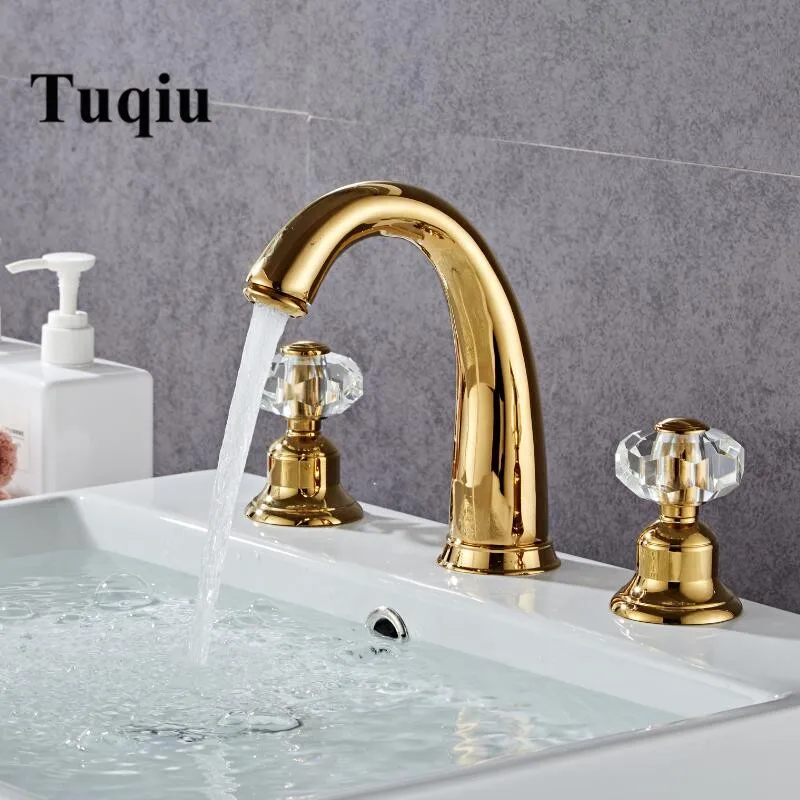 Tuqiu смеситель для ванной комнаты кран для раковины с хрустальной ручкой Золотой широко распространенный кран для раковины Смеситель для горячей и холодной душевой комнаты кран для раковины