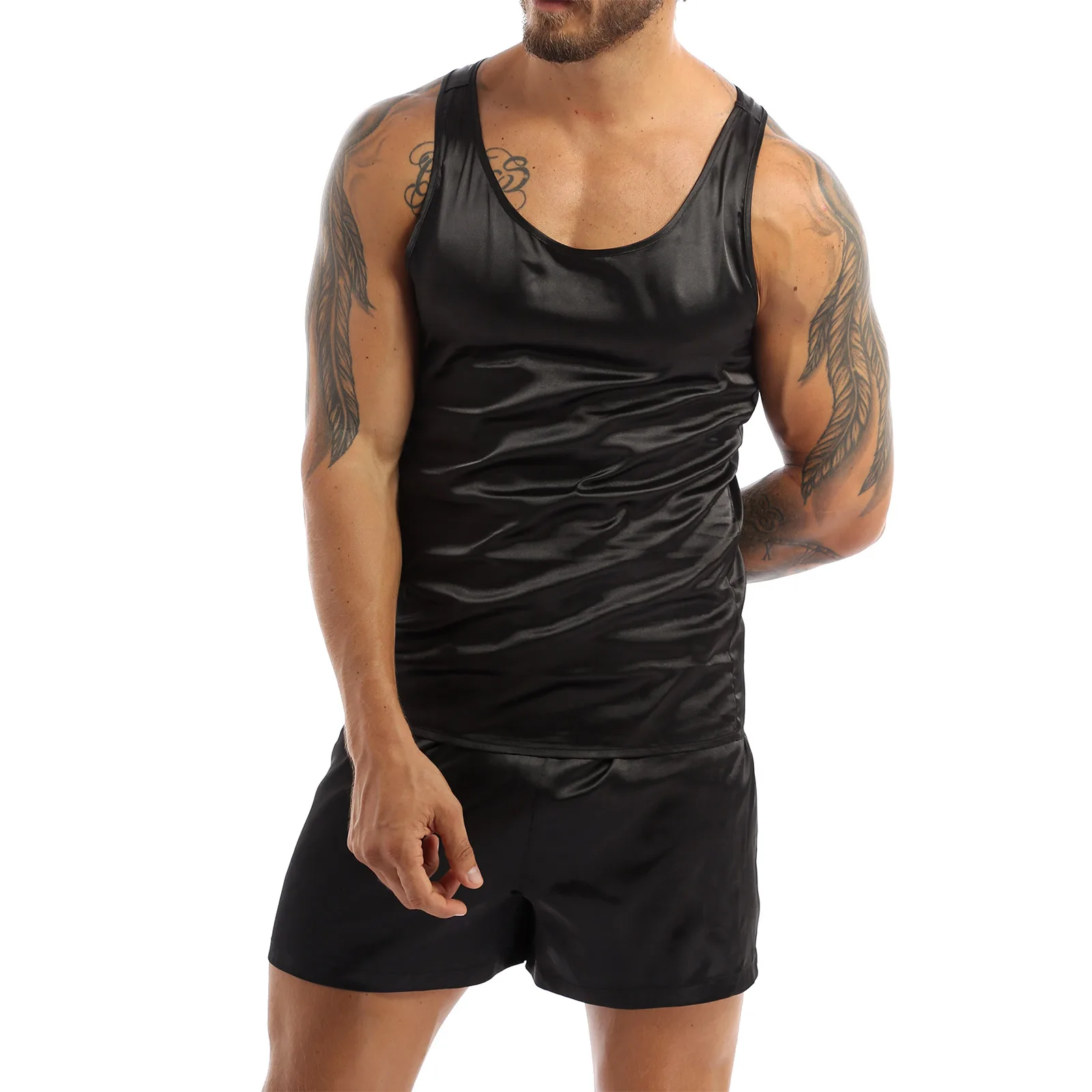 Mens Satin Pajamas Nightwear Sleeveless Tank Top Shorts Sleepwear Nightclothes Summer Nightgown Loungewear for Underwear Sets mens pjs set