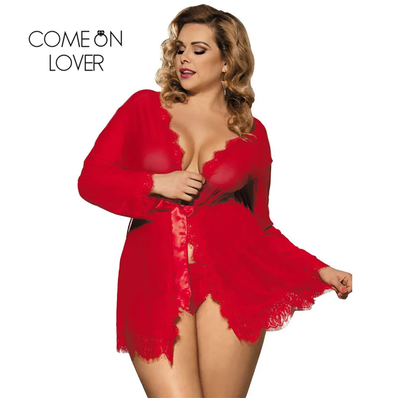 

HOTLong Sleeves Robes Femme Plus Size 3XL 5XL Trim Lingerie Lace 2 Pieces Nightgown Set Autumn Sexy Babydoll Sleepwear