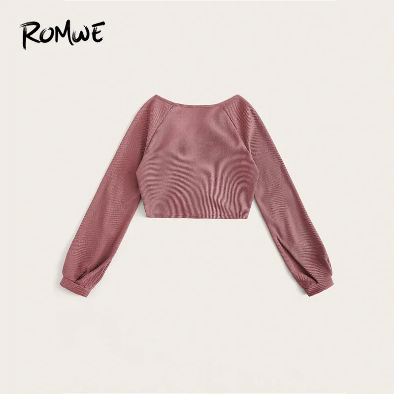 ROMWE V шеи Drawstring Передняя футболка осенняя одежда для женщин Повседневная короткий топ с длинными рукавами осенние однотонные женские топы одежда
