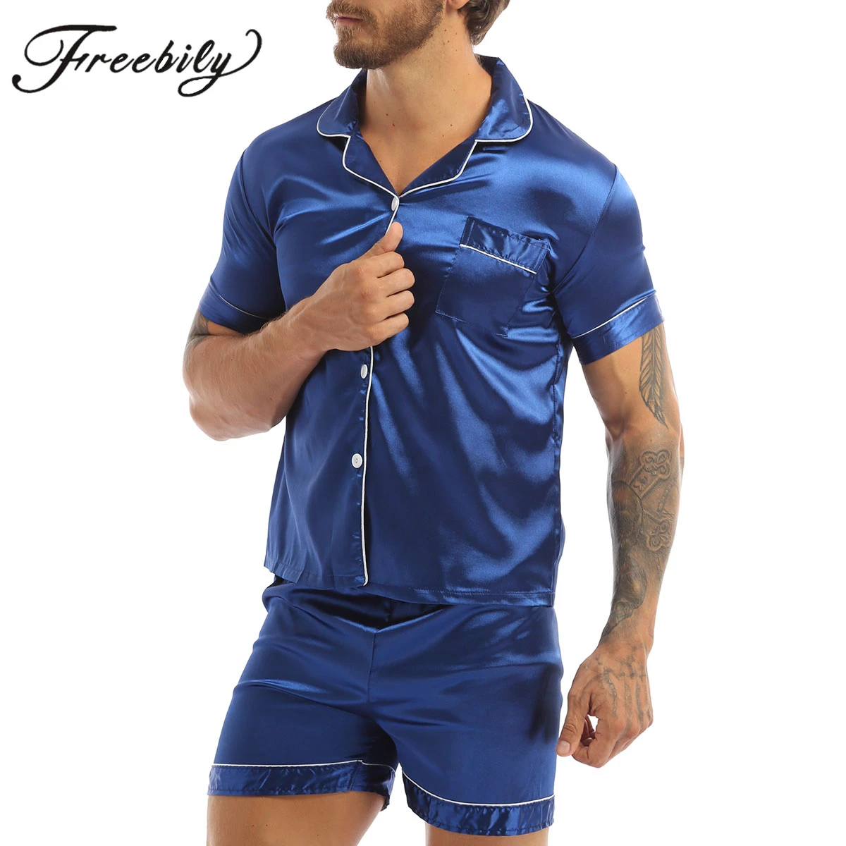 2Pcs Mens Satin Pajamas Set  Summer Soft Short Sleeve Silk Sleepwear Tops Shorts Pajama Homewear Loungewear Suits Plus Size mens pajama pants