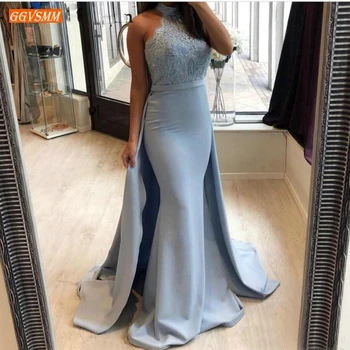

Charming Blue Slim fit Mermaid Evening Dresses for Women Lace Satin Sweep Train Formal Dress Long 2020 Customized Evening Gowns