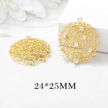 

4PCS 24x25MM 24K Gold Color Plated Brass with Zircon Hollow Round Connector Charms Pendants High Quality Diy Jewelry Accessories