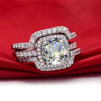 

HOT Luxury New Bridal Set Wedding Rings Sets 3 Carat Cushion Princess Cut Best Quality NSCD Synthetic Gem 3PC ring sets