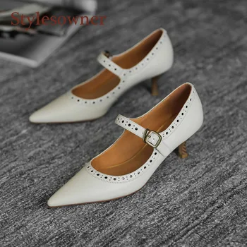 

Vintage Hepburn Mary Jane Women Shoes New Mid-heel Shallow Mouth Genuine Leather With Pointed Stiletto Elegant Brown Beige Shoes