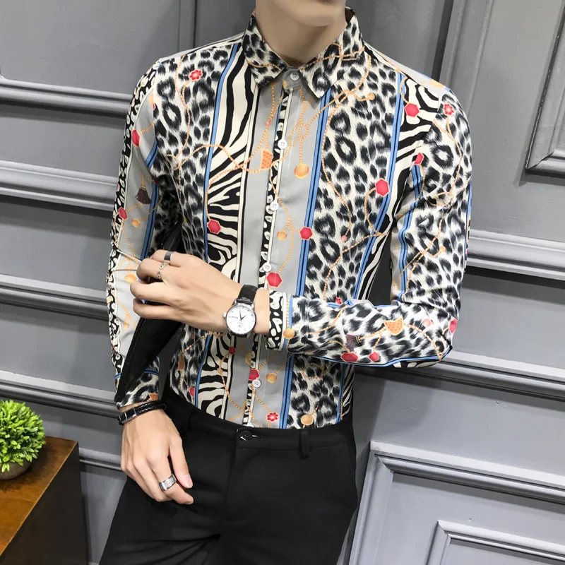 New Fashion Hot Sale Brand 2019 men's casual high quality Leopard pattern fit outwear male slim korea style easy care shirt 5xl | Мужская