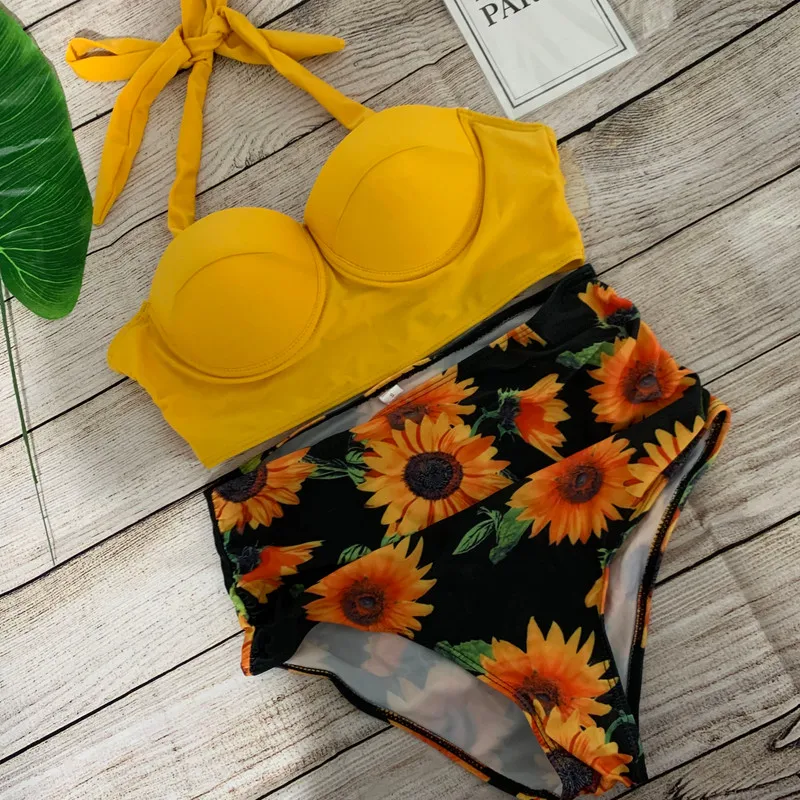 

Women Push Up Bikini Set Summer Floral Print Bra Padded Halter High Waist Swimwear Bandage Swimsuit Beachwear Plus Size S-XXL