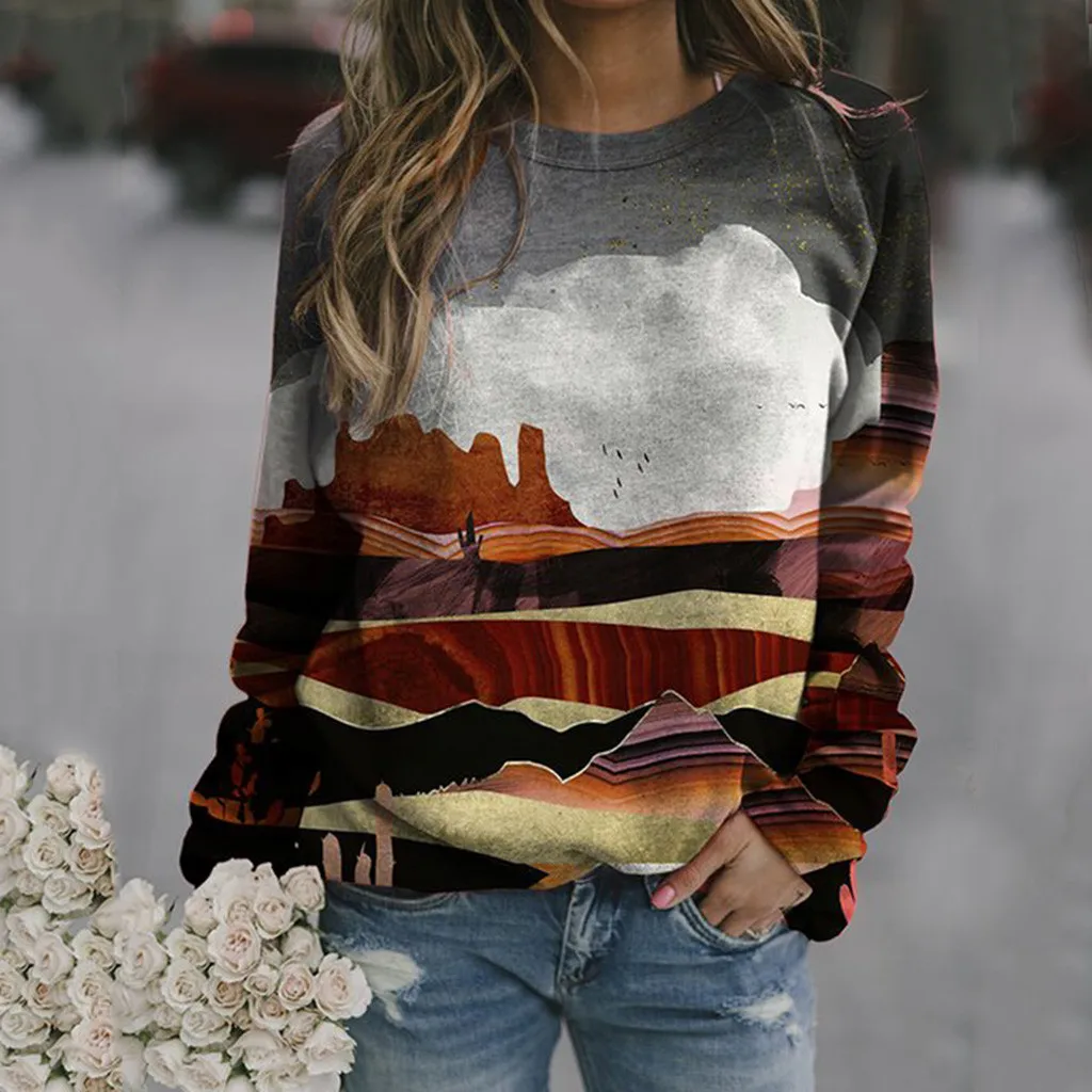 Harajuku Hoodie Fashion Mountain Printed Long Sleeves O Neck Sweatshirt Casual Loose Autumn Pullover Blouse Shirts Ladies Bluza
