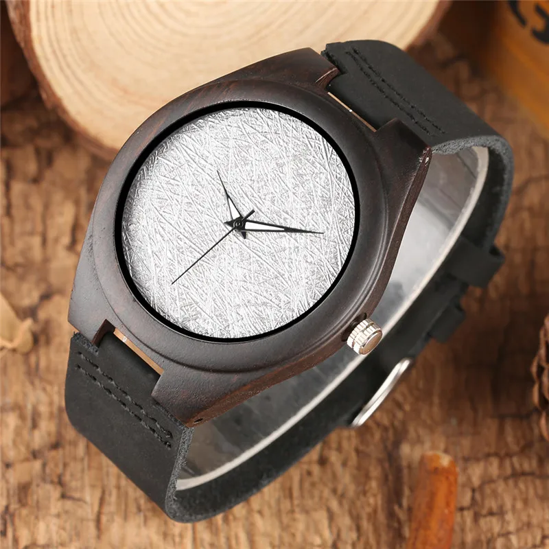 Handmade Silver Dial Nature Wood Clock Men's Bamboo Quartz Analog Wrist Watch Black Genuine Leather Strap Wooden Round Case Gift