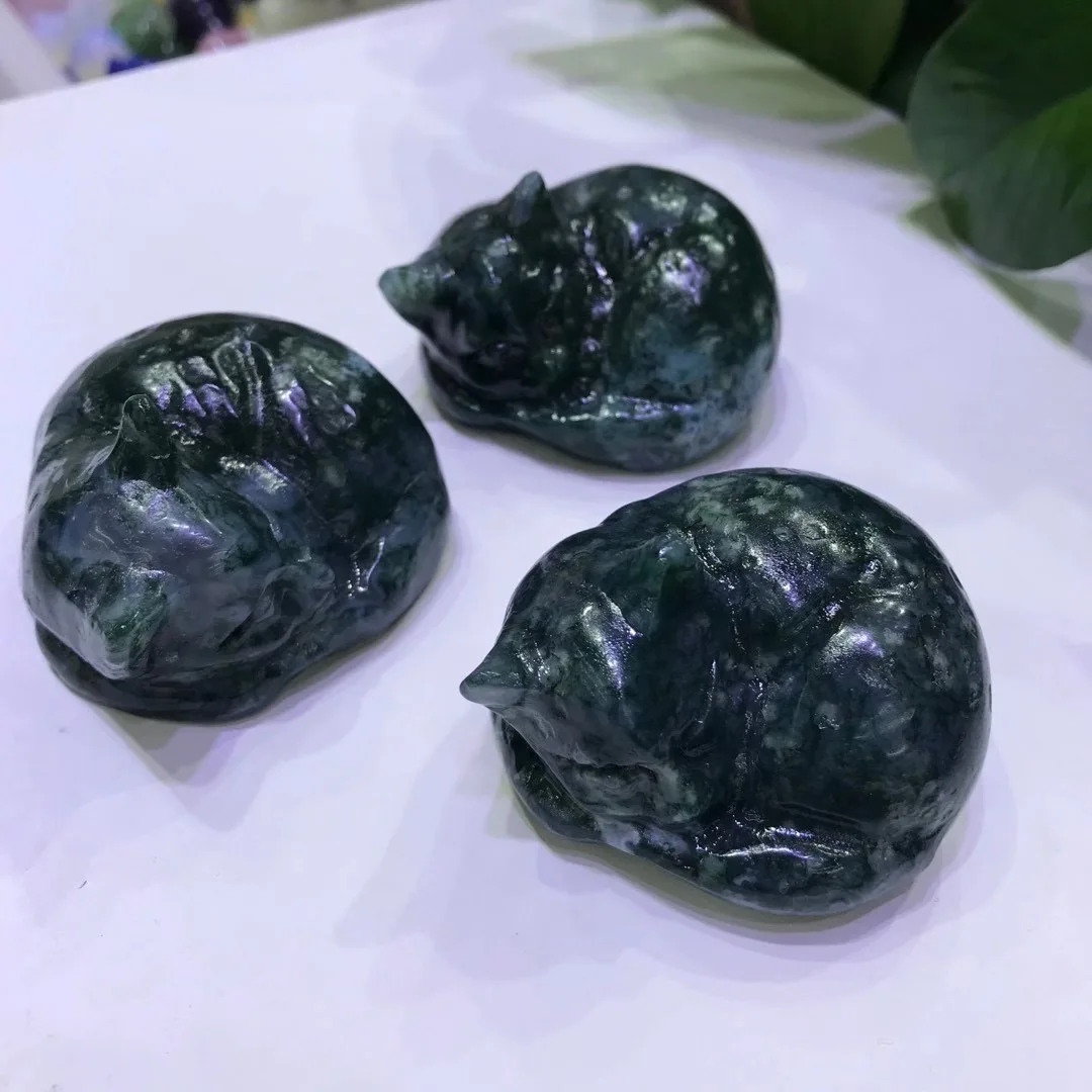 

Wholesale Natural Moss Agate Sleeping Cat Carved Rock Crystal Cat Statue Figurine Carving Chakra Healing Quartz Reiki Gifts 1pcs