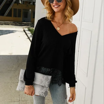 

DANALA Autumn V-neck Long Sleeve T-shirt For Women Fashion Knitted Fabric Stitching Lace New Casual Lantern Sleeve Ladies Top
