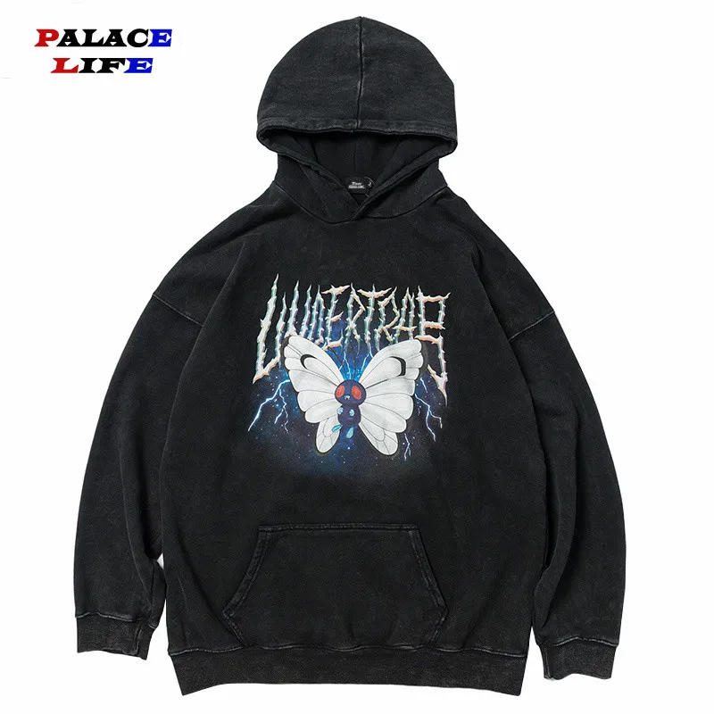 2020 Men Hip Hop Hoodie Sweatshirt Lightning Butterfly Streetwear Hoodie Vintage Washed Black Hooded Pullover Cotton Harajuku 2020 Men Hip Hop Hoodie Sweatshirt Lightning Butterfly Streetwear Hoodie Vintage Washed Black Hooded Pullover Cotton Harajuku