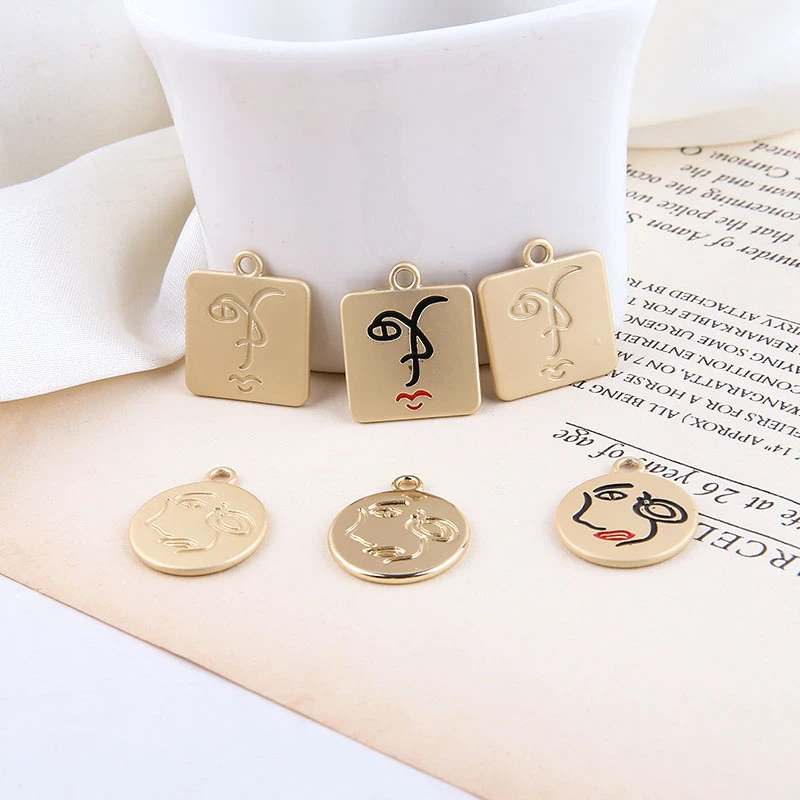 

10pcs Creative Abstract Art Face Double-sided Round Squarependant Drop Earring for Women Material Diy Jewelry Accessories Metal