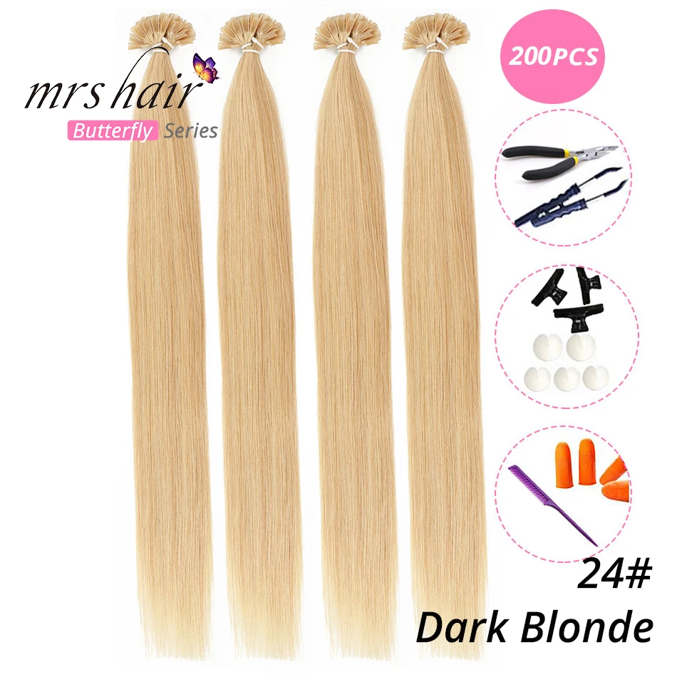 MRS HAIR, 1 г/шт., 14 дюймов, 16 дюймов, 20 дюймов, 24 дюйма, накладные волосы, прямые волосы Remy Nail, кератиновые человеческие волосы, 50 шт - Цвет: KUT24-200