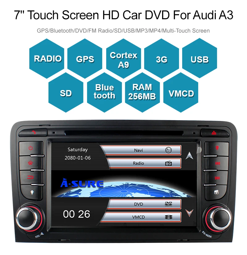 Best A-Sure 7 Inch 2 Din Cortex A9 Car Auto Radio Stereo DVD GPS Navigation For AUDI A3 S3 RS3 8V 8PA DAB+ 3G Bluetooth CD DVR DTV 4