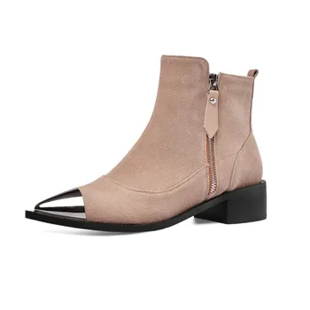 

2020 Spring/Autumn Western Cowboy Boots for Women Ankle Boots Suede Metal Pointy Toe Flat Shoes Woman Basic Boots Black Khaki