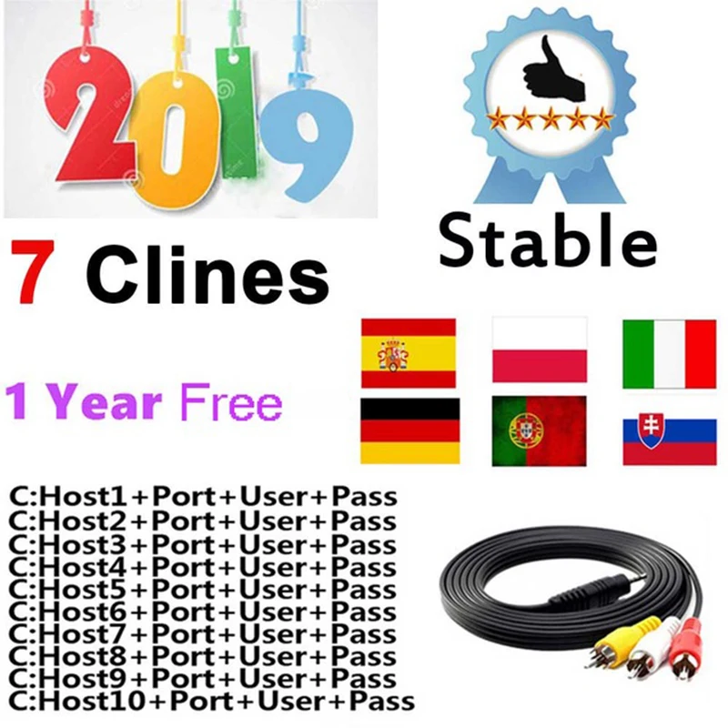 HD кабель Европа 7 линий 1 год Clines для цифрового ТВ спутниковый ресивер DVB-S2 телеприставка один год Clines Испания для ТВ приставка