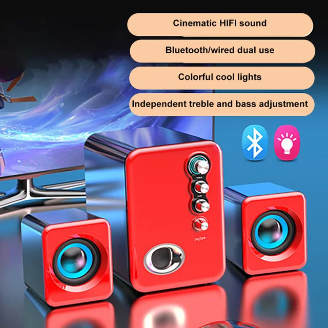Computer Audio USB 2.1 Multimedia Bluetooth Overweight Subwoofer Desktop Home Speaker Wired Universal Audio King Red