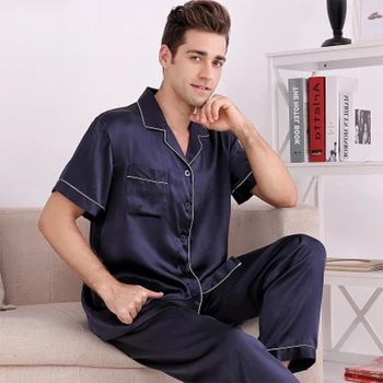 

100% Pure Silk Pajamas Men suit Summer Spring bottoms Short sleeve two-piece men Pajamas Set 100% silk Sleepwear suit noble