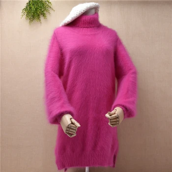 

TOP quality fuzzy hairy medium long real mink cashmere turtleneck long lantern sleeves loose angora fur pullover sweater dress