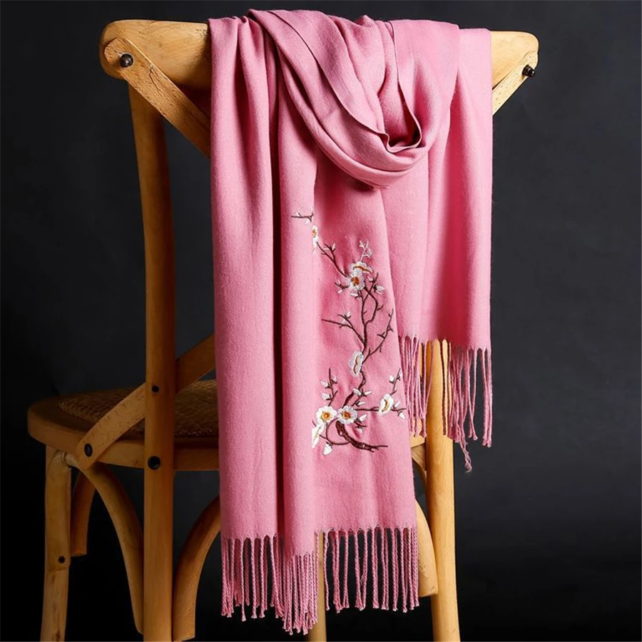 Girita Women Autumn Winter Scarf Cashmere Warm Scarves with Tassel Embroidery Solid Color Long Wraps Women Scarf Female Shawl