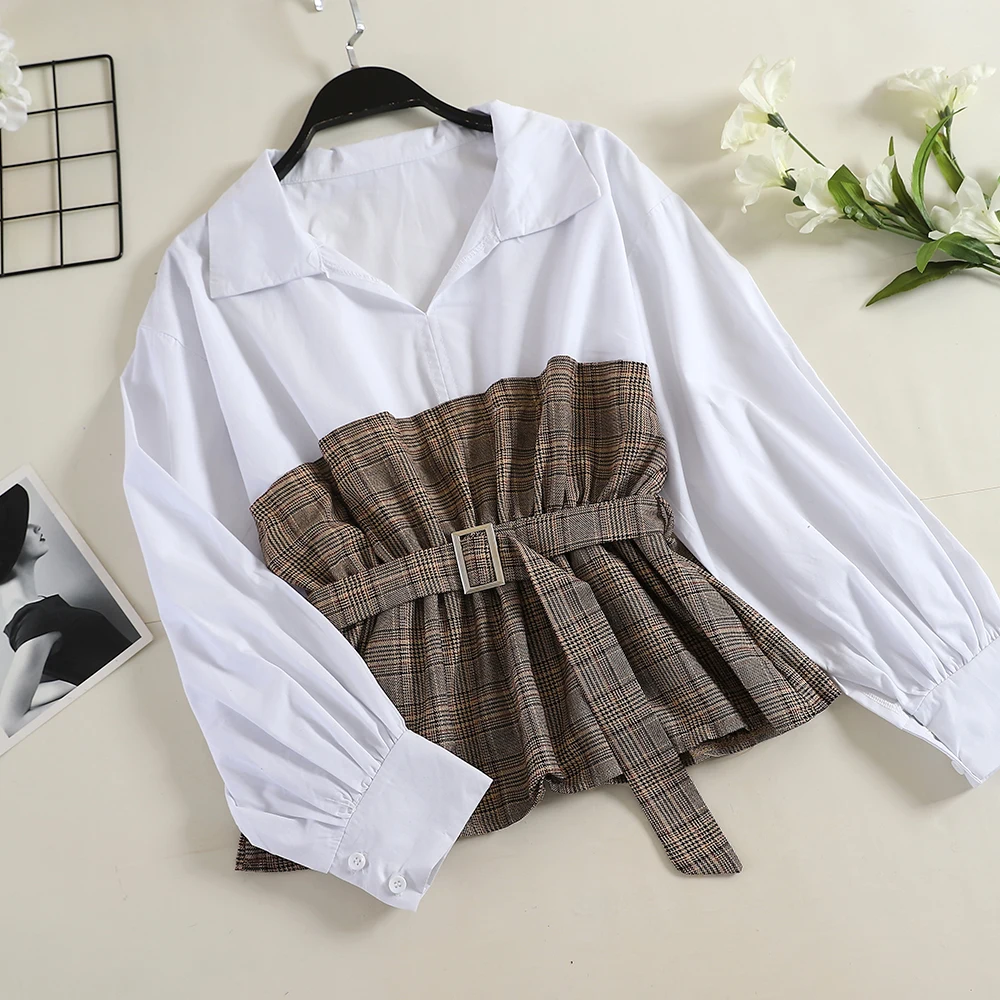Gagarich женская рубашка осень новая корейская мода отложной воротник клетчатая Лоскутная тонкая с поясом блузка с длинным рукавом