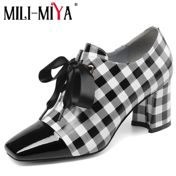 

MILI-MIYA Hot Sale Women Pumps Cow Leather Mixed Color Checkered Butterfly-Knot Square Heels Casual Shoes Big Size 34-43