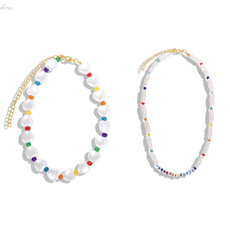 

AOMU 1PC Boho Imitation Pearl Heart Choker Necklace for Women Trendy Multicolor Letter Beads Chain Necklace Charm Jewelry Gifts