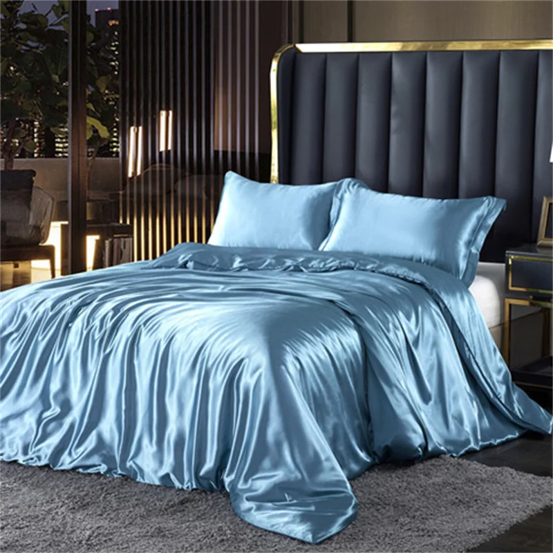 Mulberry Silk luxury Bedding Set with fitted sheet High-end 100% Silk Satin Bedding Sets soft smooth Solid Color quilts Cover