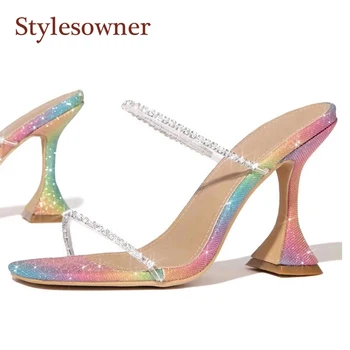 

Summer Outdoor Slippers for Women Rainbow Party Shoes Cup High Heel Suqared Toe Crystal Strappy Mules-heels