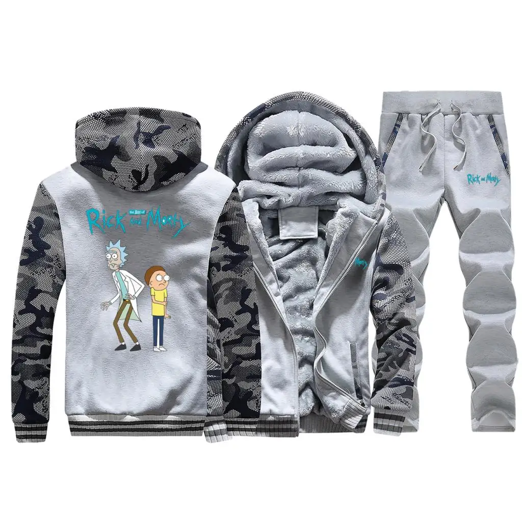 Rick and marty, мужские плотные толстовки, толстовка с забавным принтом аниме, куртка+ штаны, комплекты из 2 предметов, мужской зимний флисовый теплый костюм, Мужская Уличная одежда - Цвет: Light Gray
